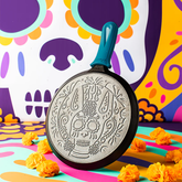 10.5 Inch Seasoned Cast Iron Xolo Sugar Skull Griddle with Deluxe Handle Holder
