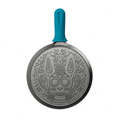 10.5 Inch Seasoned Cast Iron Xolo Sugar Skull Griddle with Deluxe Handle Holder